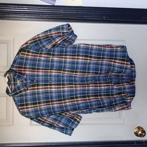 Medium Blue & Red Eddie Bauer Button Up Short Sleeve Flannel Plaid - Picture 1 of 14
